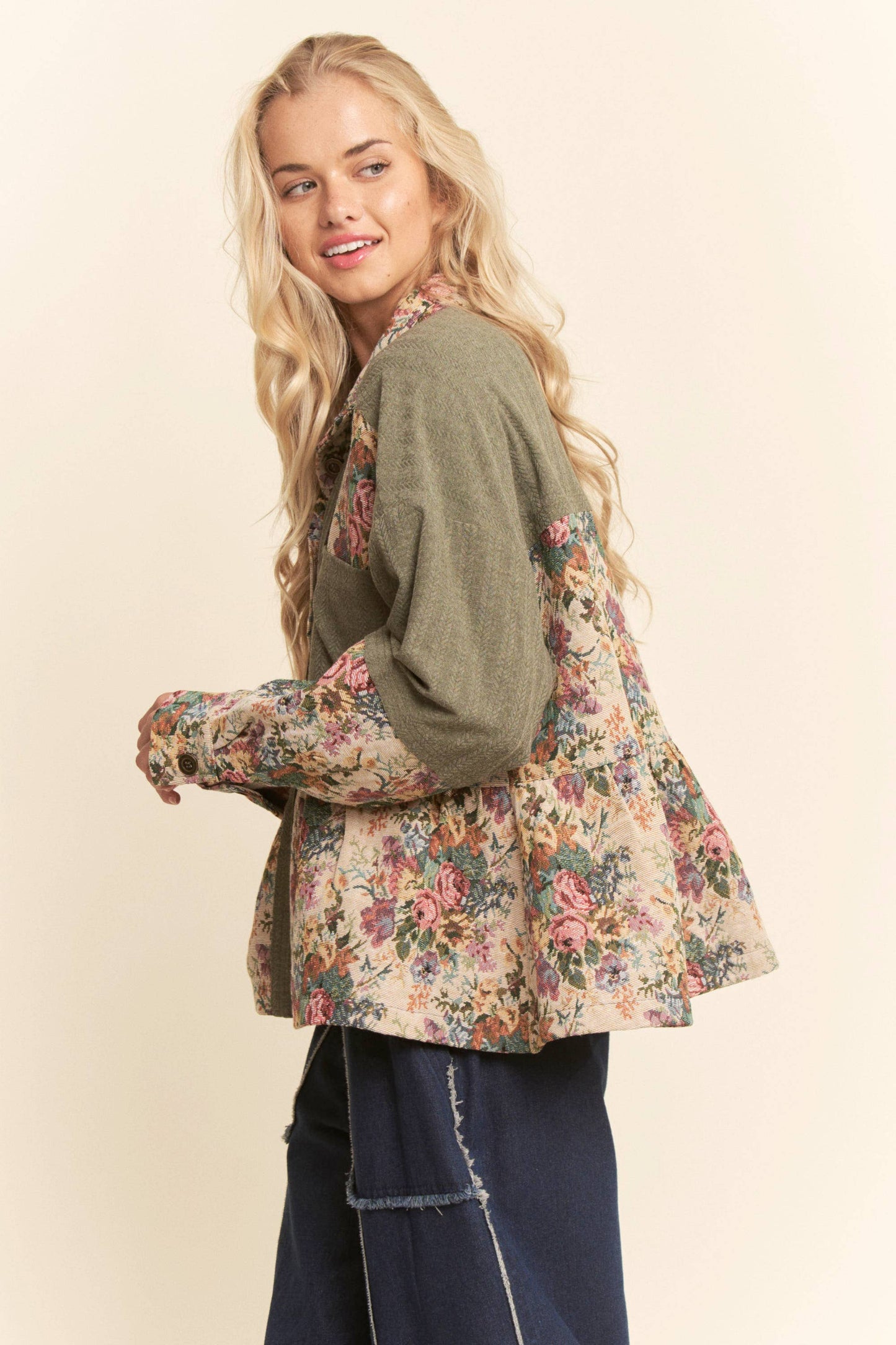 GARDEN KNIT BLOCKED BUTTON FRONT PEPLUM SHIRT