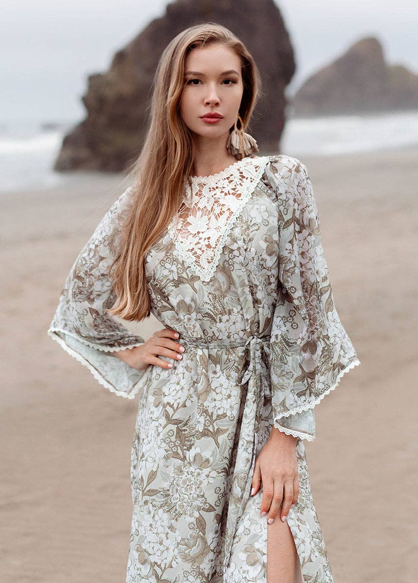 Joyfolie Sunni Lace Bell-Sleeve Maxi Dress - Neutral Hydrangea