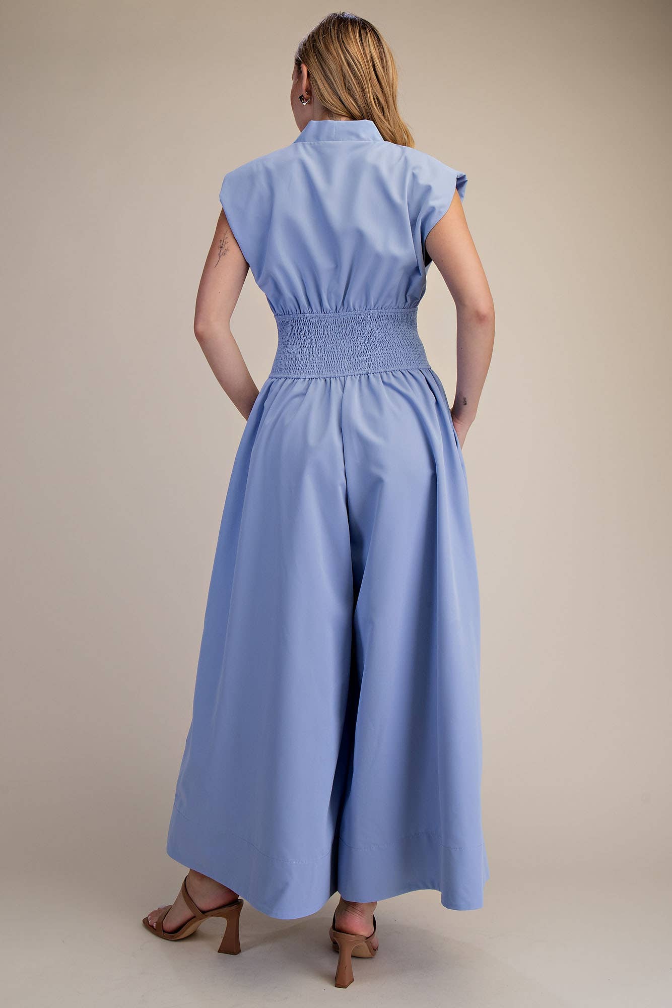 Cap-Sleeve Smocked Front-Zip Jumpsuit - Flattering Fitted Style