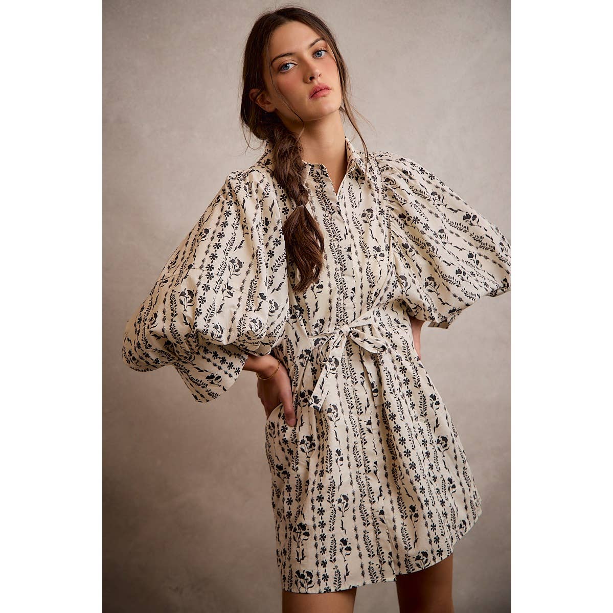 Cream Floral Puff-Sleeve Tie-Waist Mini Dress