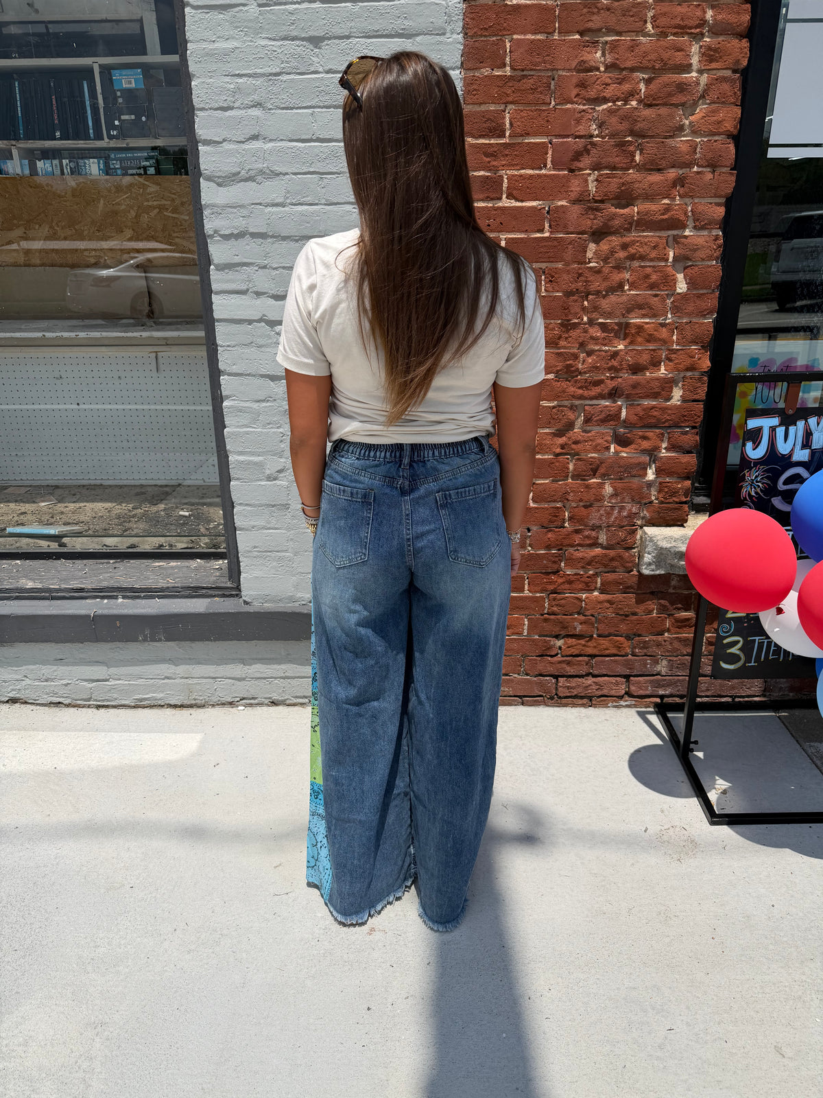 Denim Palazzo Pants with Paisley Print Side