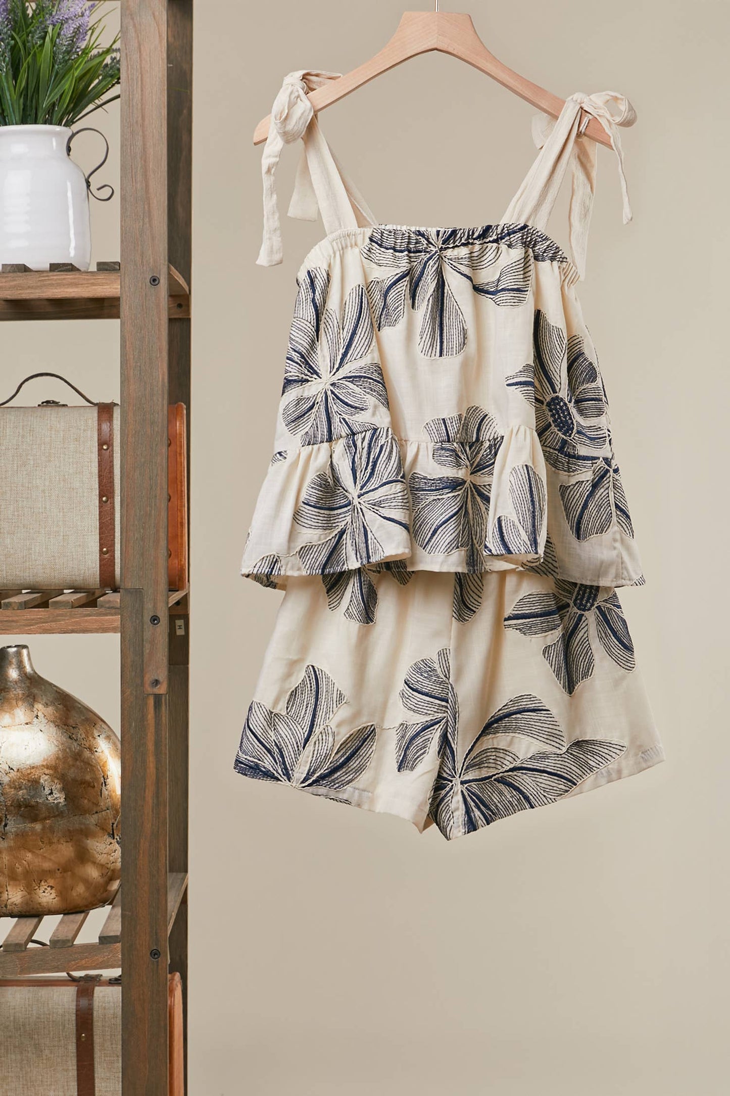 Mello - Floral Print Tie-Shoulder Tiered Top & Bottom- (Set)