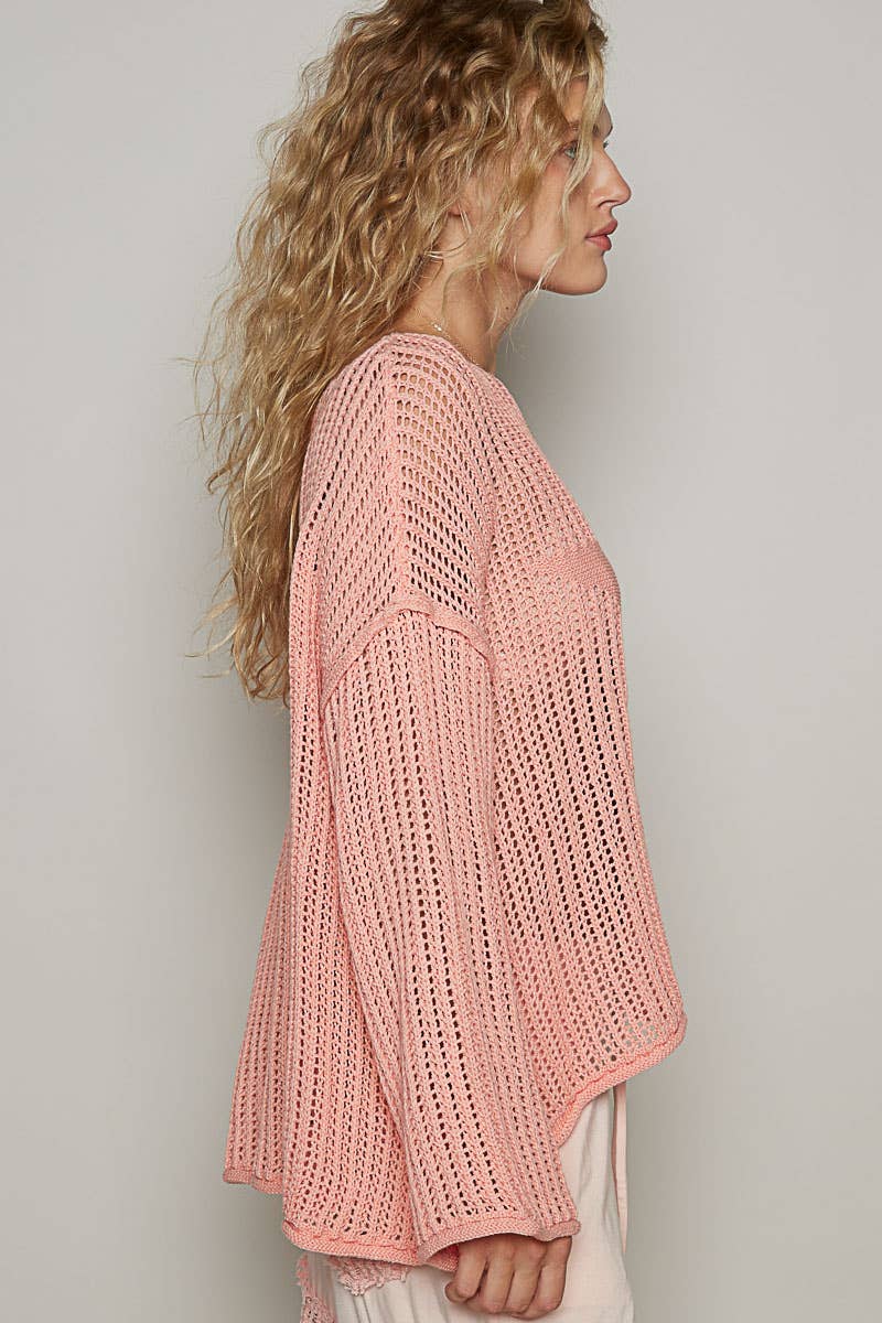 FINAL SALE- Round neck long sleeve star weave solid lightweight sweater Pol Clothing