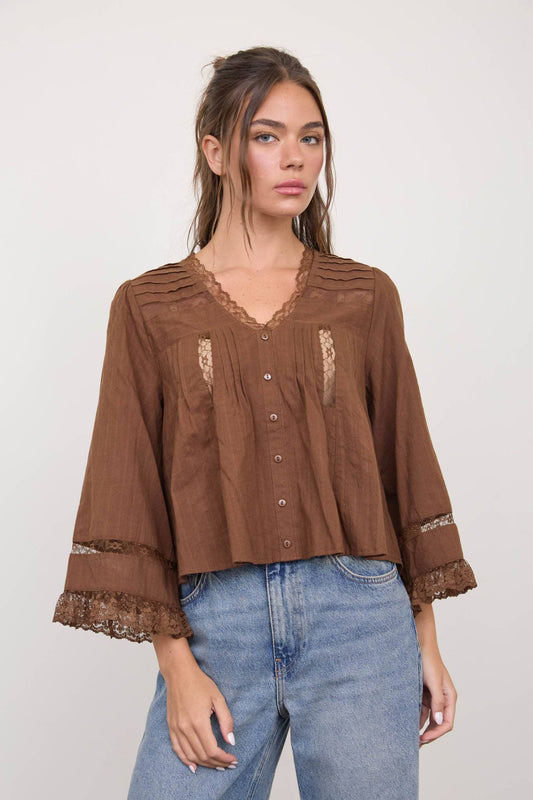 Blu Pepper Brown Textured Stripe Lace-Trim Blouse