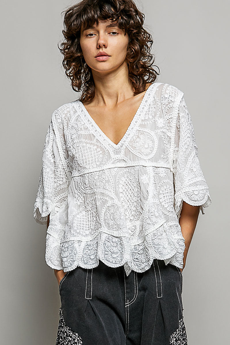 POL - V-Neckline and short sleeves relaxed fit top ONE SIZE