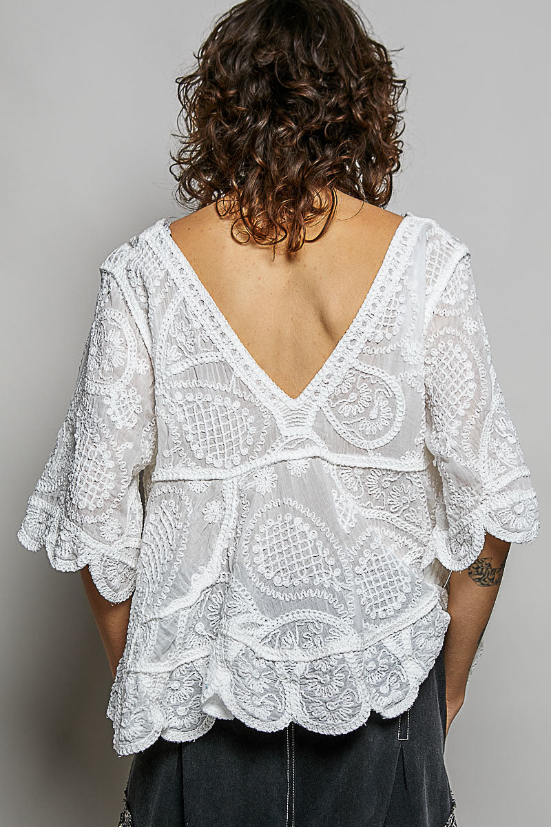 POL - V-Neckline and short sleeves relaxed fit top ONE SIZE