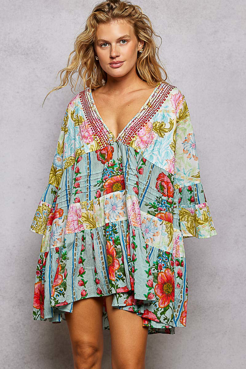 POL V Neck 3/4 Sleeve Flared Dress with Seashell Trim & Embroidery