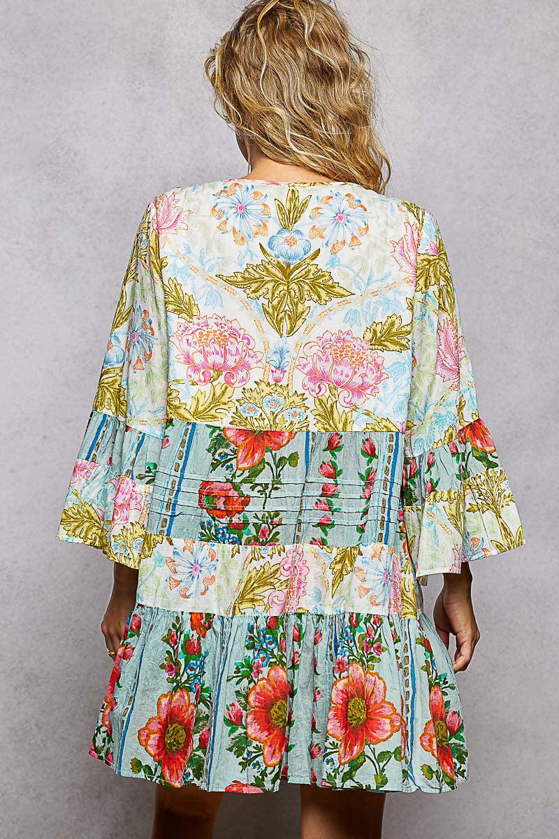 POL V Neck 3/4 Sleeve Flared Dress with Seashell Trim & Embroidery