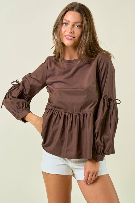 Round Neck Puff Long Sleeve Peplum Blouse