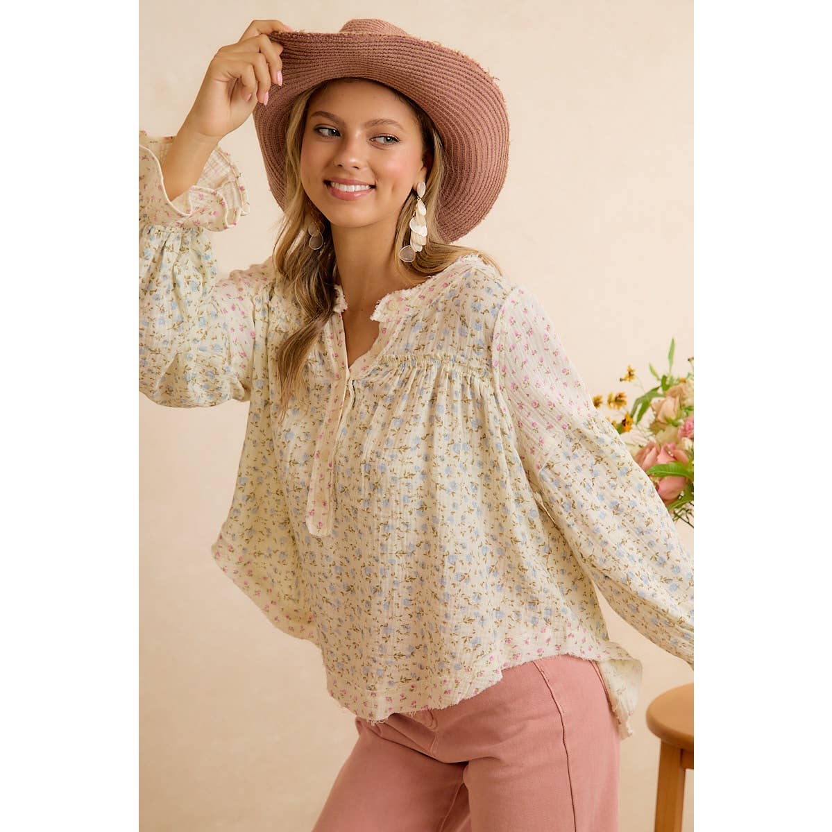 BiBi Floral Crinkle Gauze Button-Front Blouse