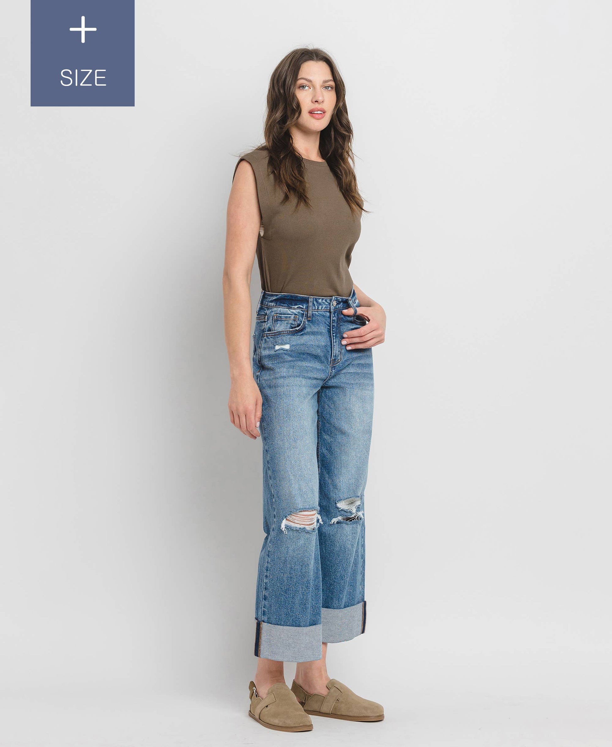 PLUS SIZE SUPER HIGH RISE CUFFED BAGGY WIDE JEANS LV1459-P Lovervet by VERVET