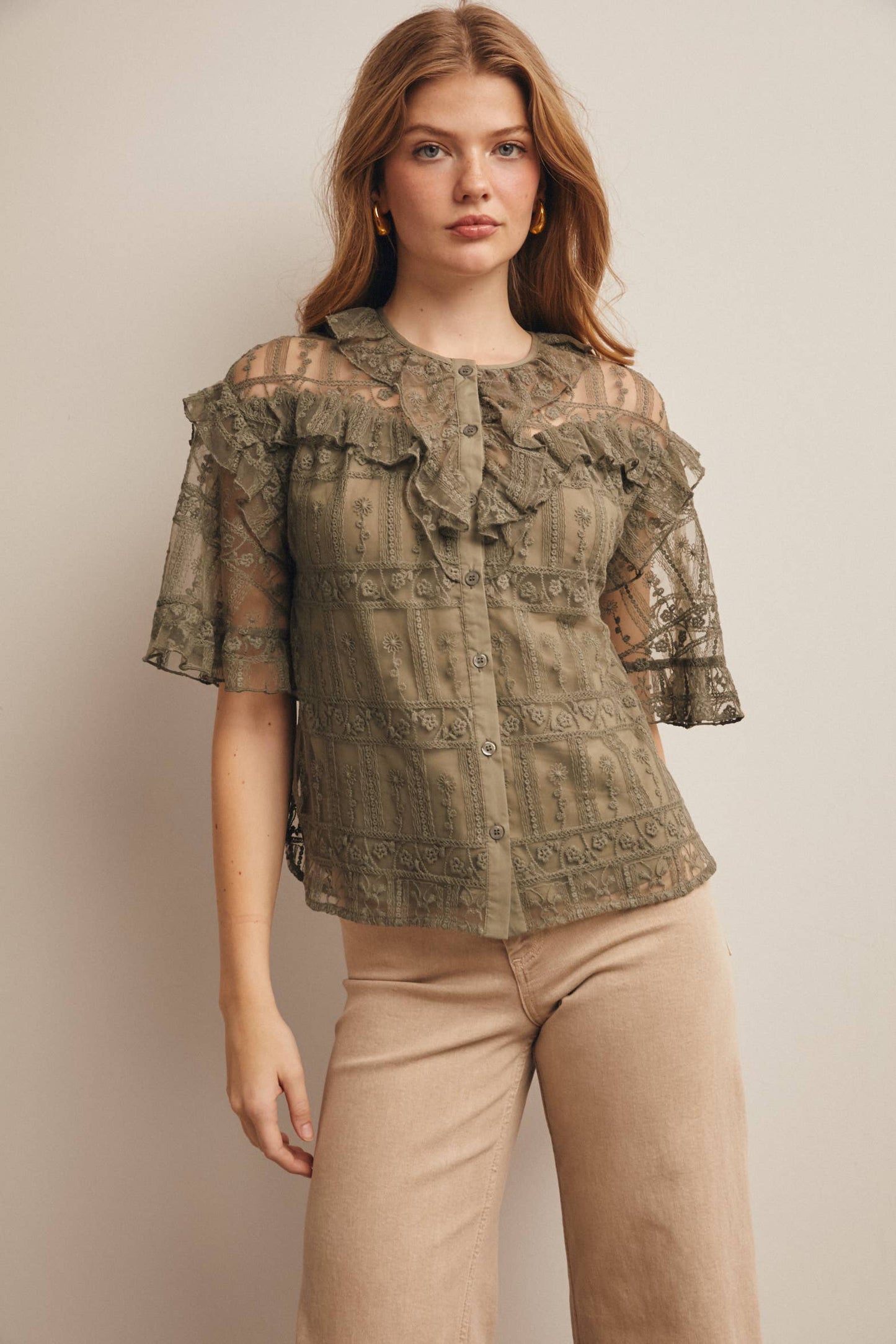 Embroidered Ruffle Lace Blouse - 926 West