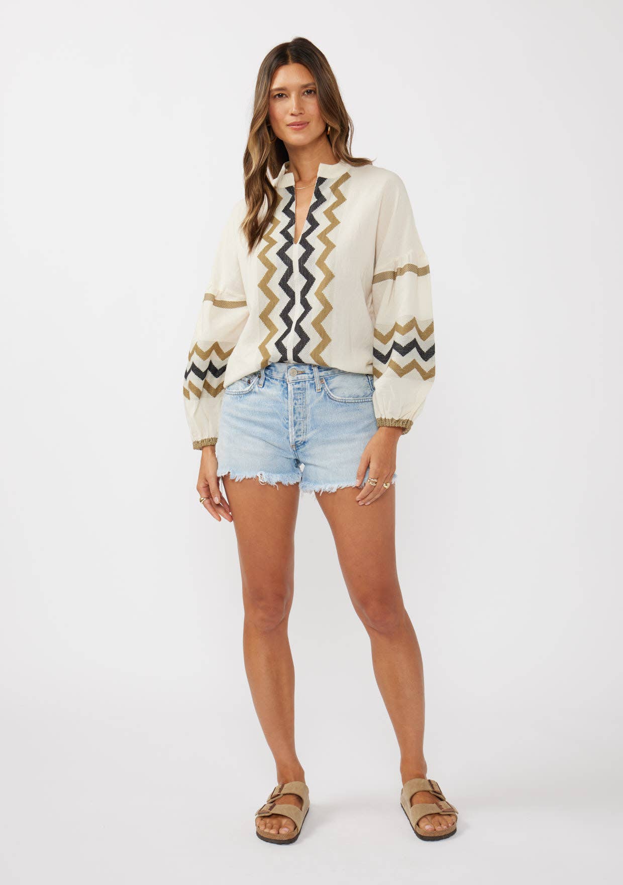 Long Sleeve Cotton Jacquard Split-Neck Blouse 926 WEST