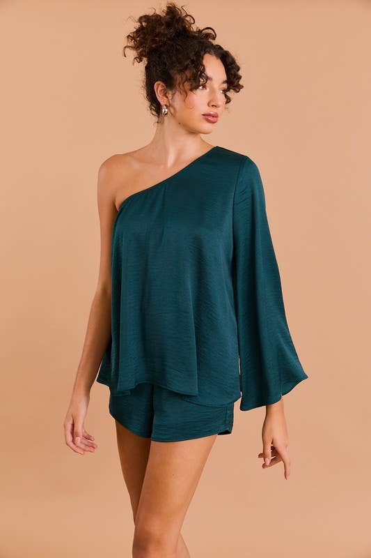 FINAL SALE- LONG SLEEVE ONE SHOULDER LAYERED TOP ROMPER 926 WEST