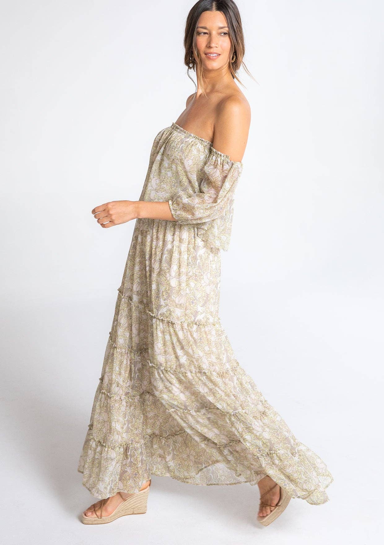 Paisley Off Shoulder Long Sleeve Maxi Dress 926 WEST