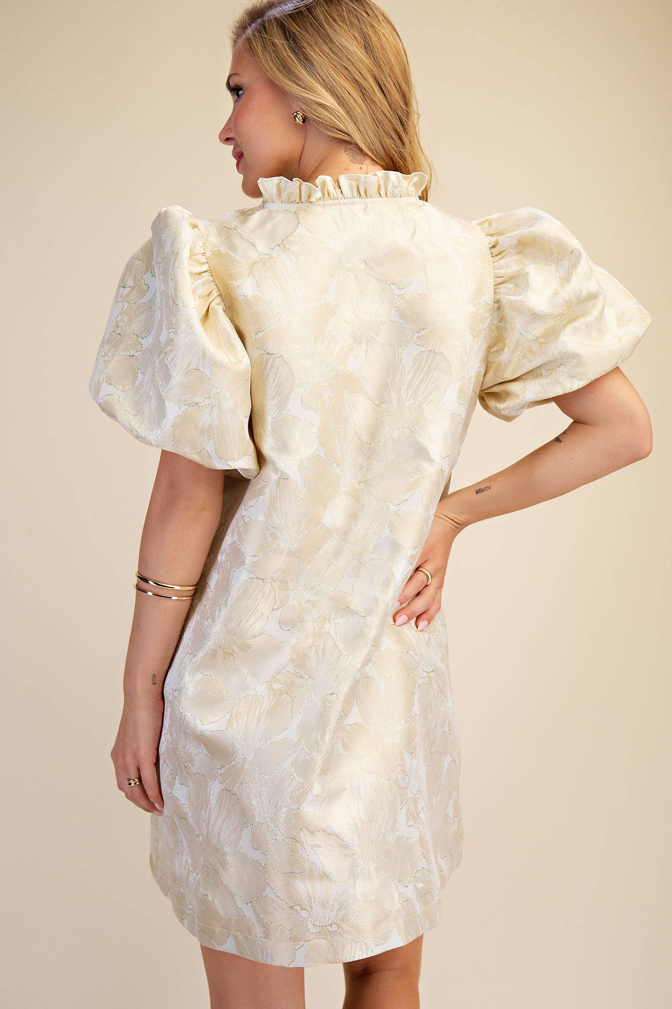 Glam Champagne Ruffle V-Neck Puff Sleeve Mini Dress - 926 West