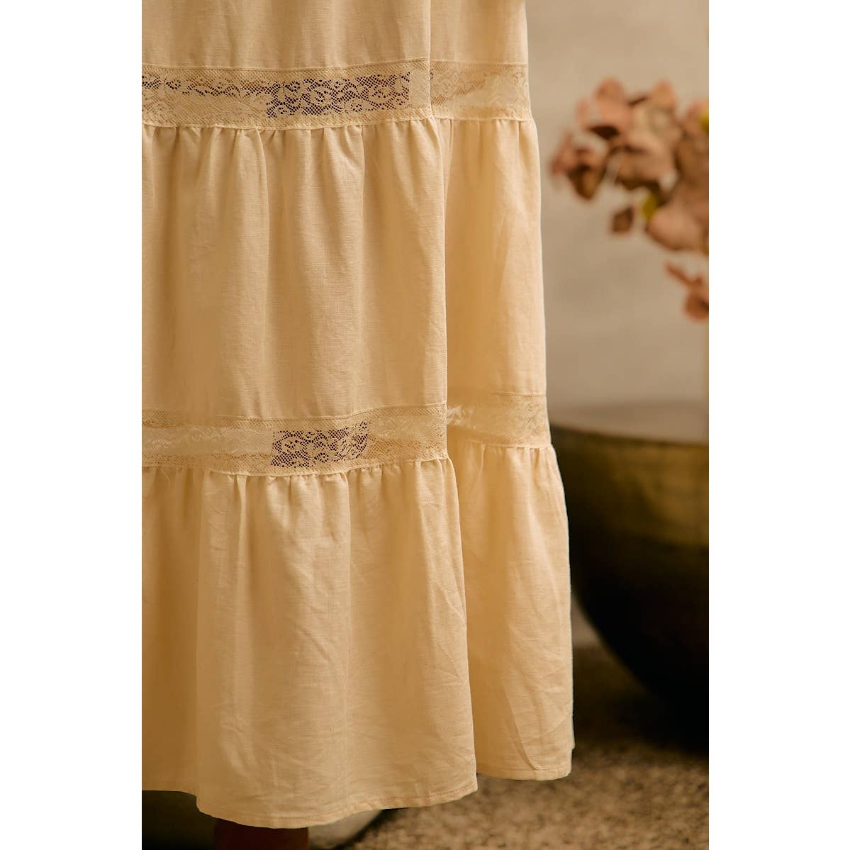 Ivory Lace-Trim Tiered Maxi Skirt