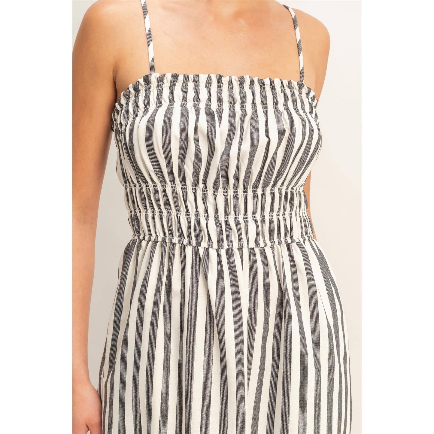 HYFVE - Striped Spaghetti Strap Smocking Midi Dress