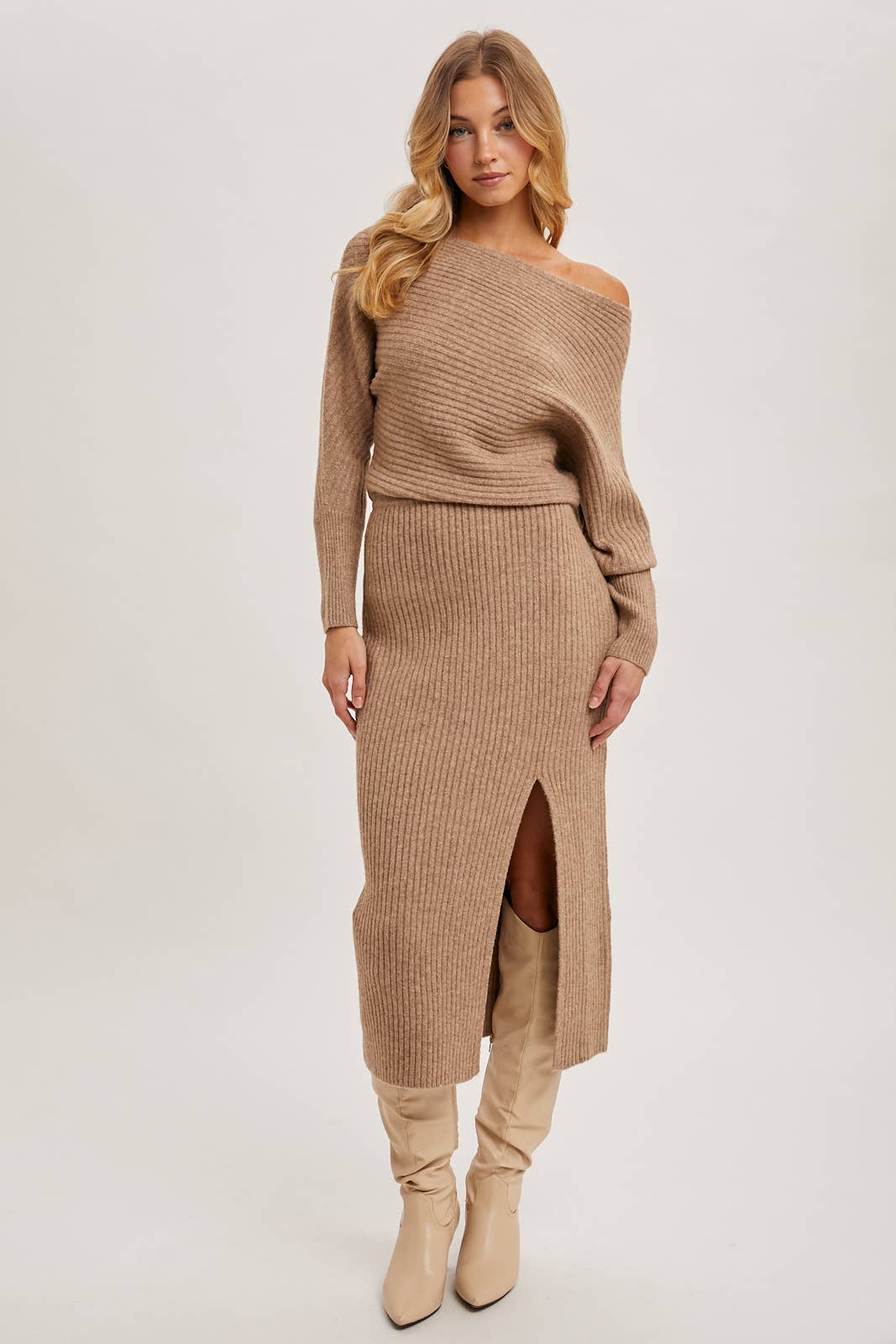 ONE SHOULDER OFF SIDE SLIT MIDI KNIT SWEATER DRESS Bluivy