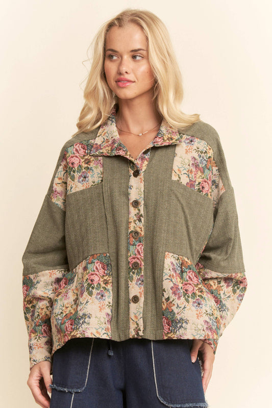 GARDEN KNIT BLOCKED BUTTON FRONT PEPLUM SHIRT