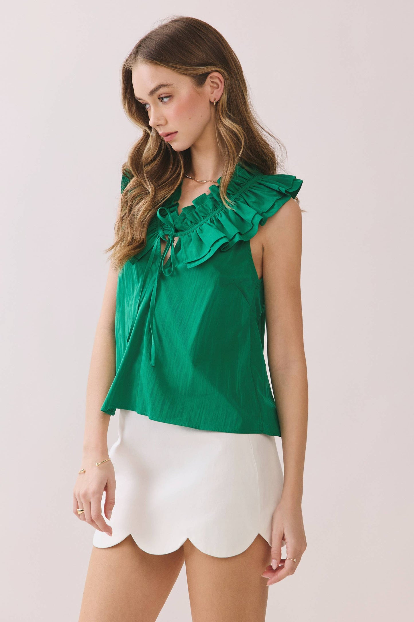 Layered Ruffle Tie Neck Sleeveless Top - Flowy Woven Blouse
