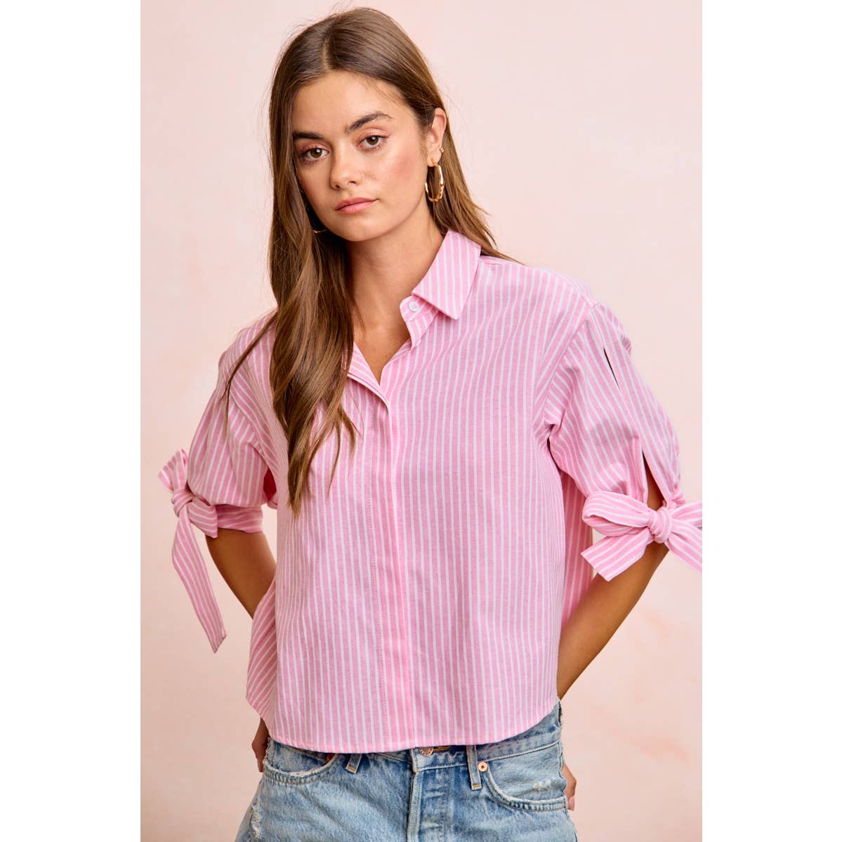 Stripe Woven Button-Up Top with Tied Sleeves