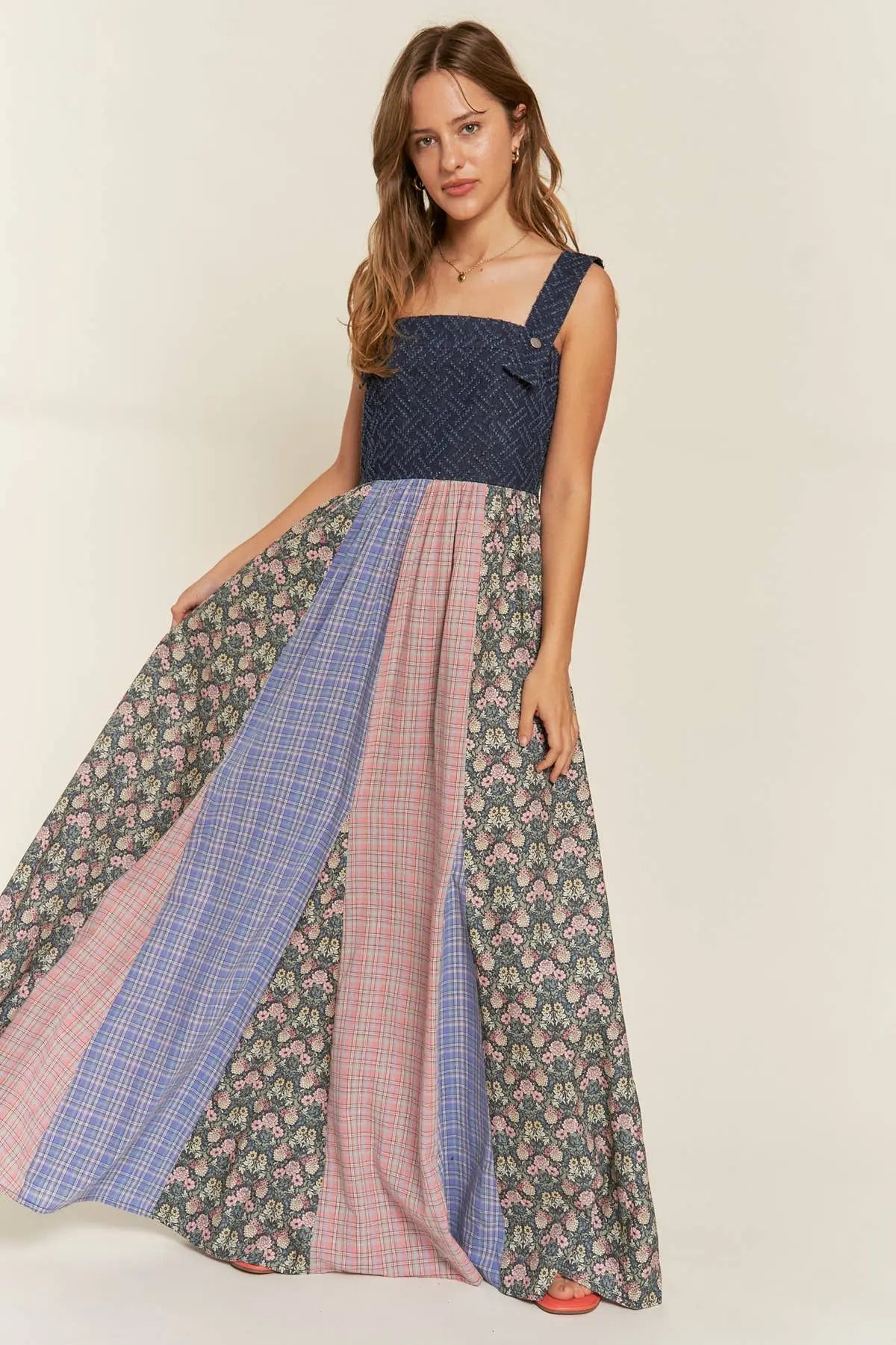 Becky- VINTAGE PLAID/FLORAL & DENIM SUSPENDER MAXI DRESS 926 West