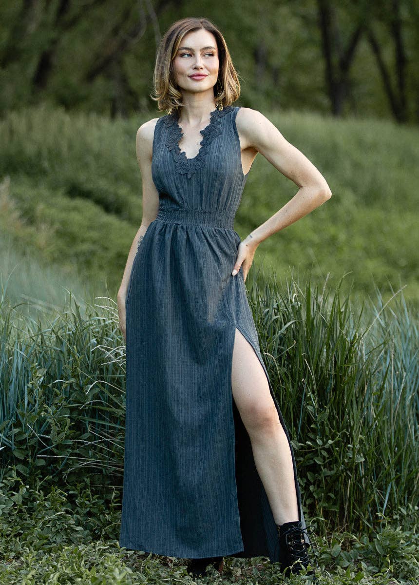 Zoie Maxi Dress in Slate | Open Back V-Neck