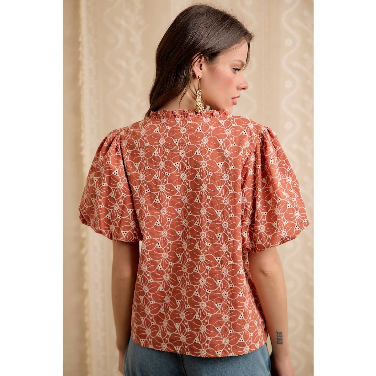 Rust Cotton Eyelet Puff Sleeve Blouse