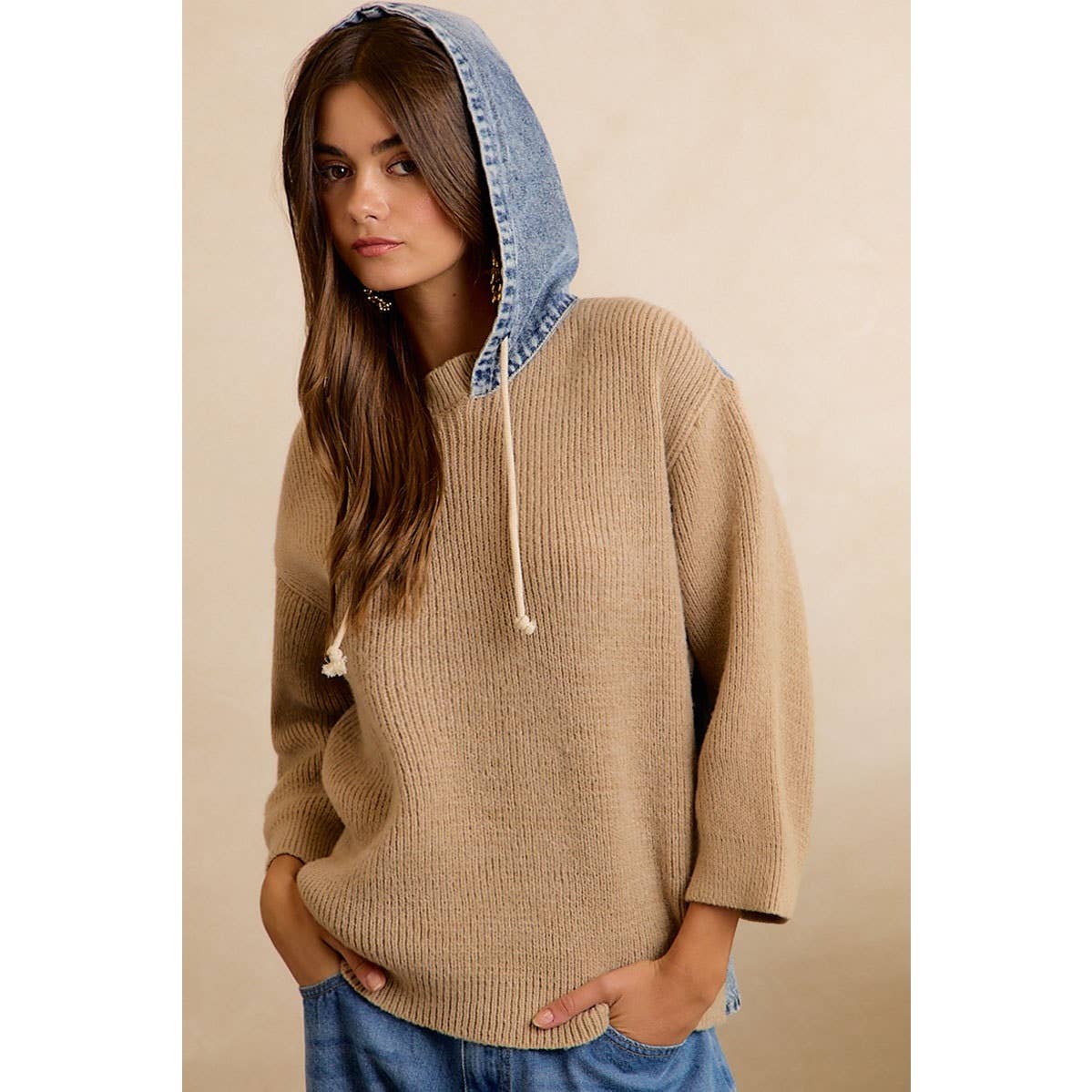 Denim Contrast Hooded Knit Pullover Top