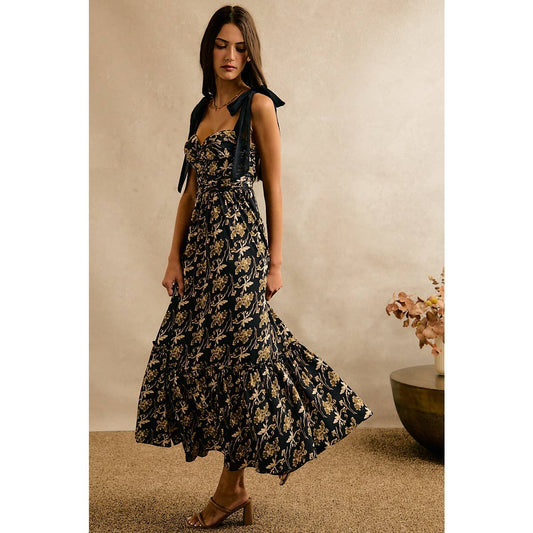So Me Floral Print Ribbon Strap Maxi Dress