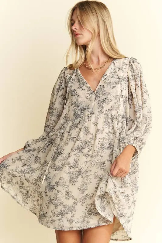 LINED 3/4 SLEEVE FLORAL CHIFFON BABYDOLL SHORT DRESS 926 West