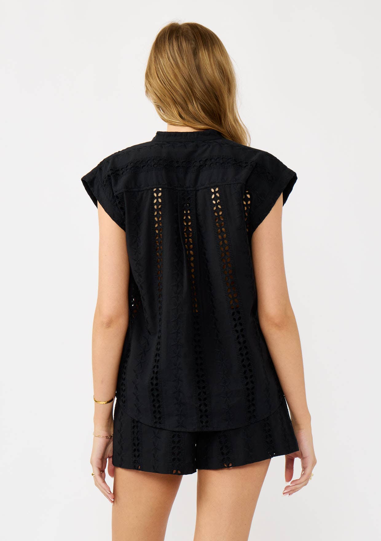 Floral Eyelet Mandarin Collar Camp Shirt 926 WEST