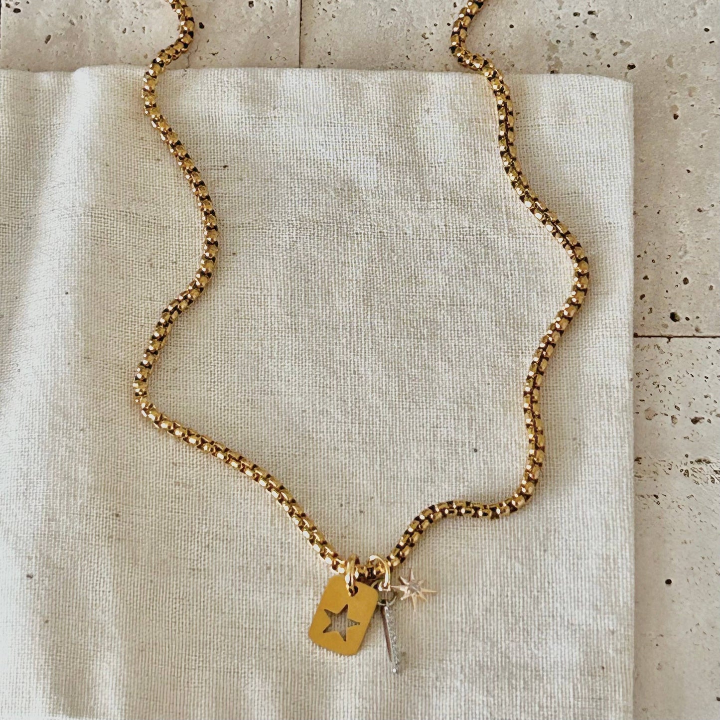 Star Tag & Crystal Bar Layering Necklace | 18K Gold Plated