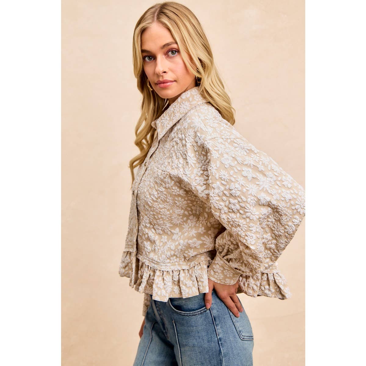 Textured Floral Ruffled Hem Button-Up Top