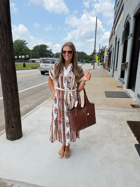 Umgee Vertical Print Tie Waist Midi Dress