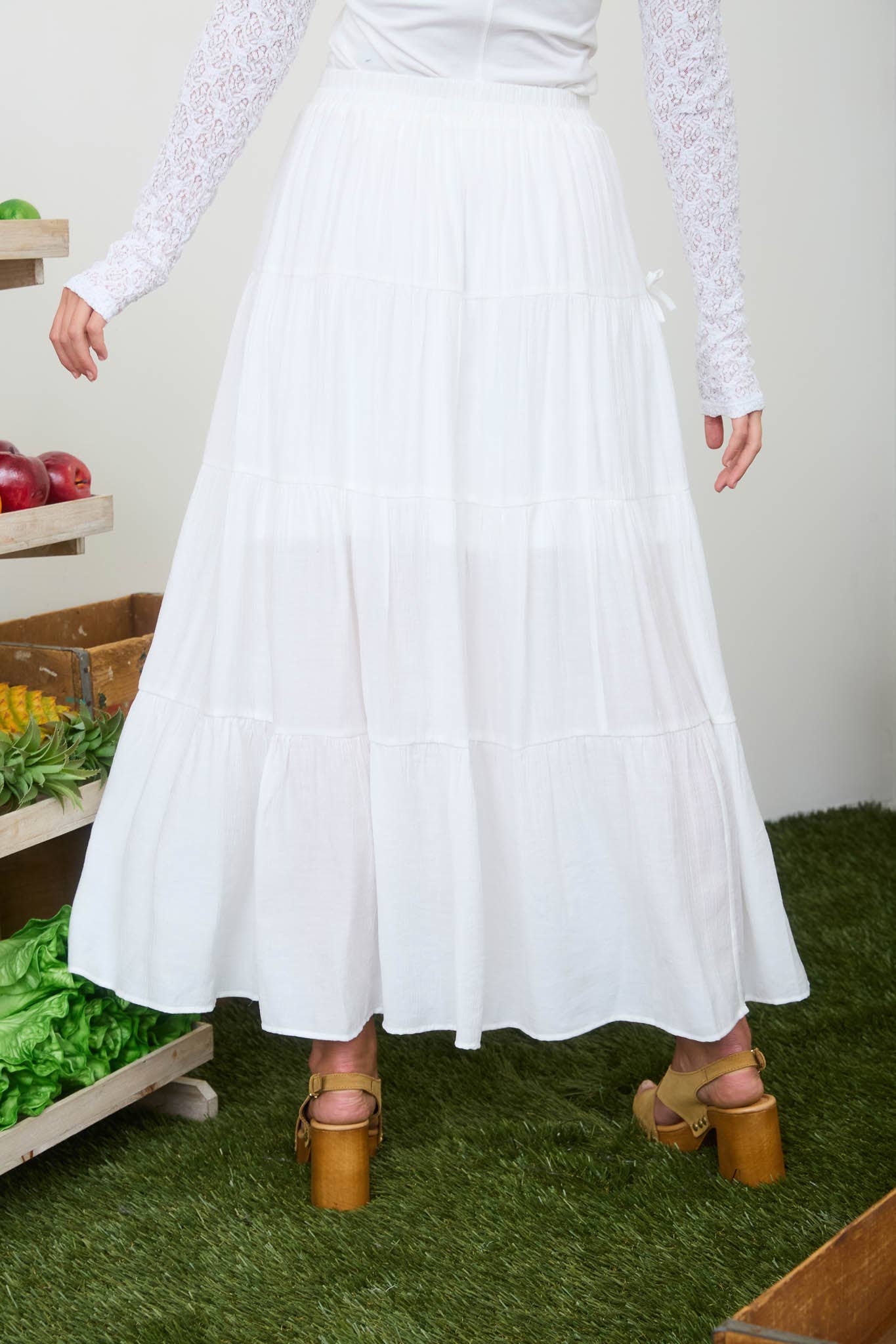 Blu Pepper Bow Ribbon Detail Tiered Maxi Skirt in Off White
