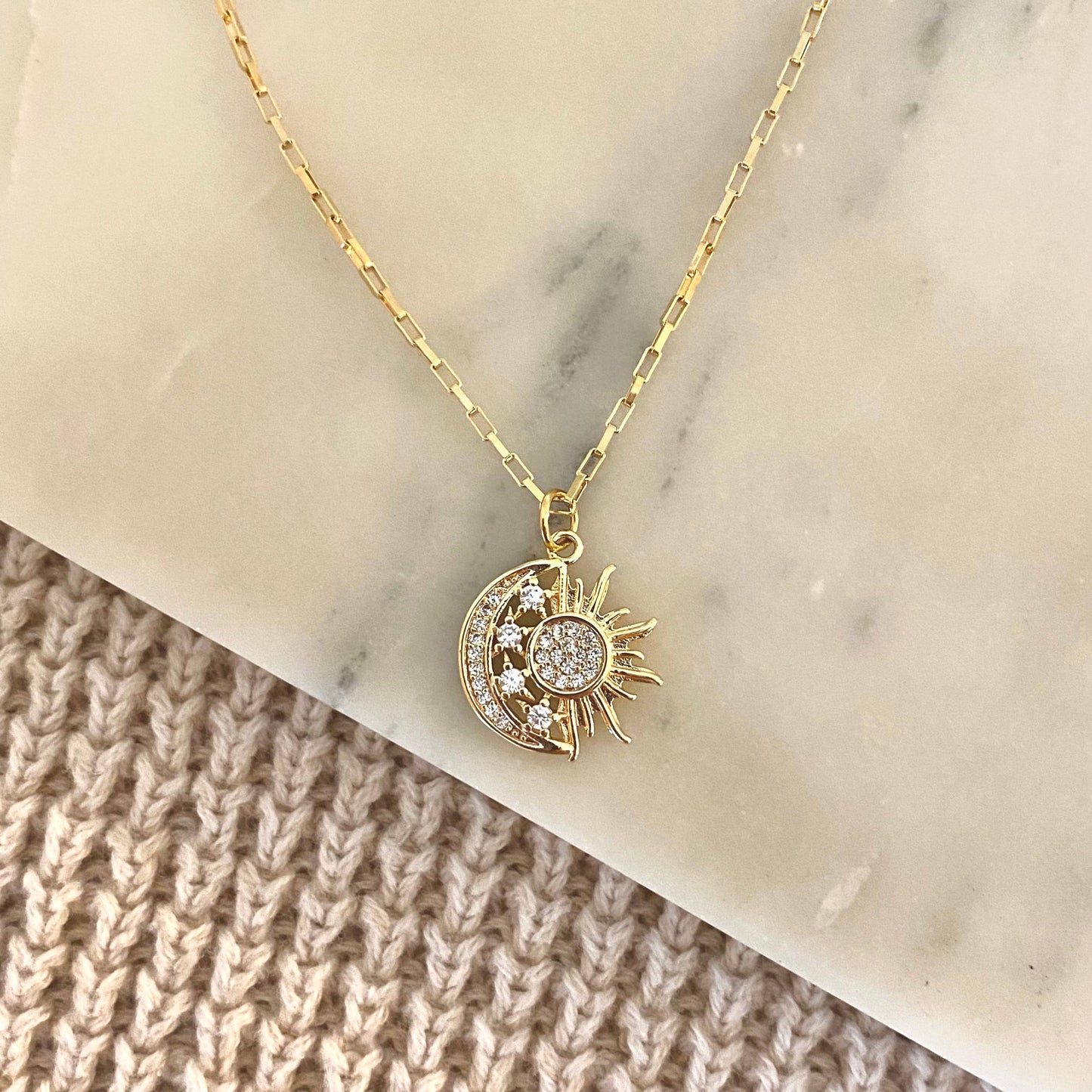 Sun Moon & Stars Charm Pendant Necklace | 18K Gold Filled