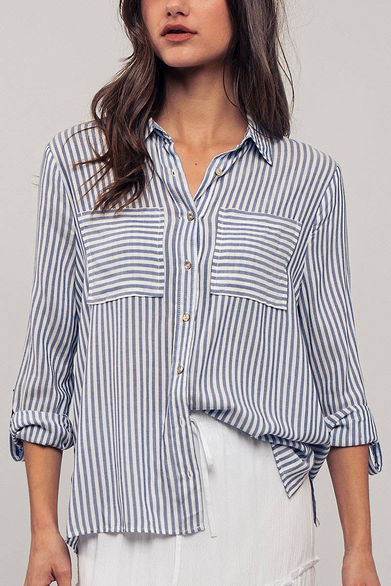 Relaxed Fit Vertical Striped Rayon Button Down Shirt Urban Daizy