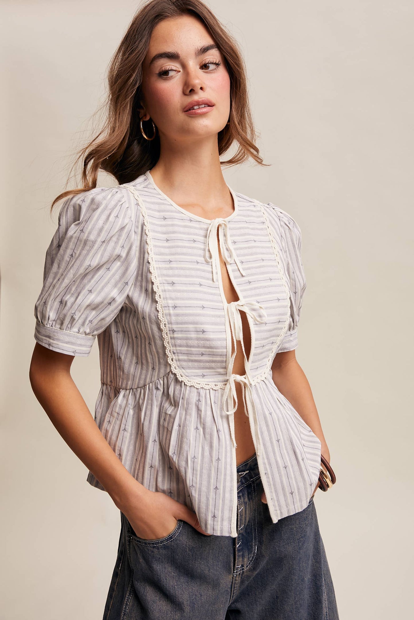 Jacquard Tie-Front Peplum Blouse – Slate Blue