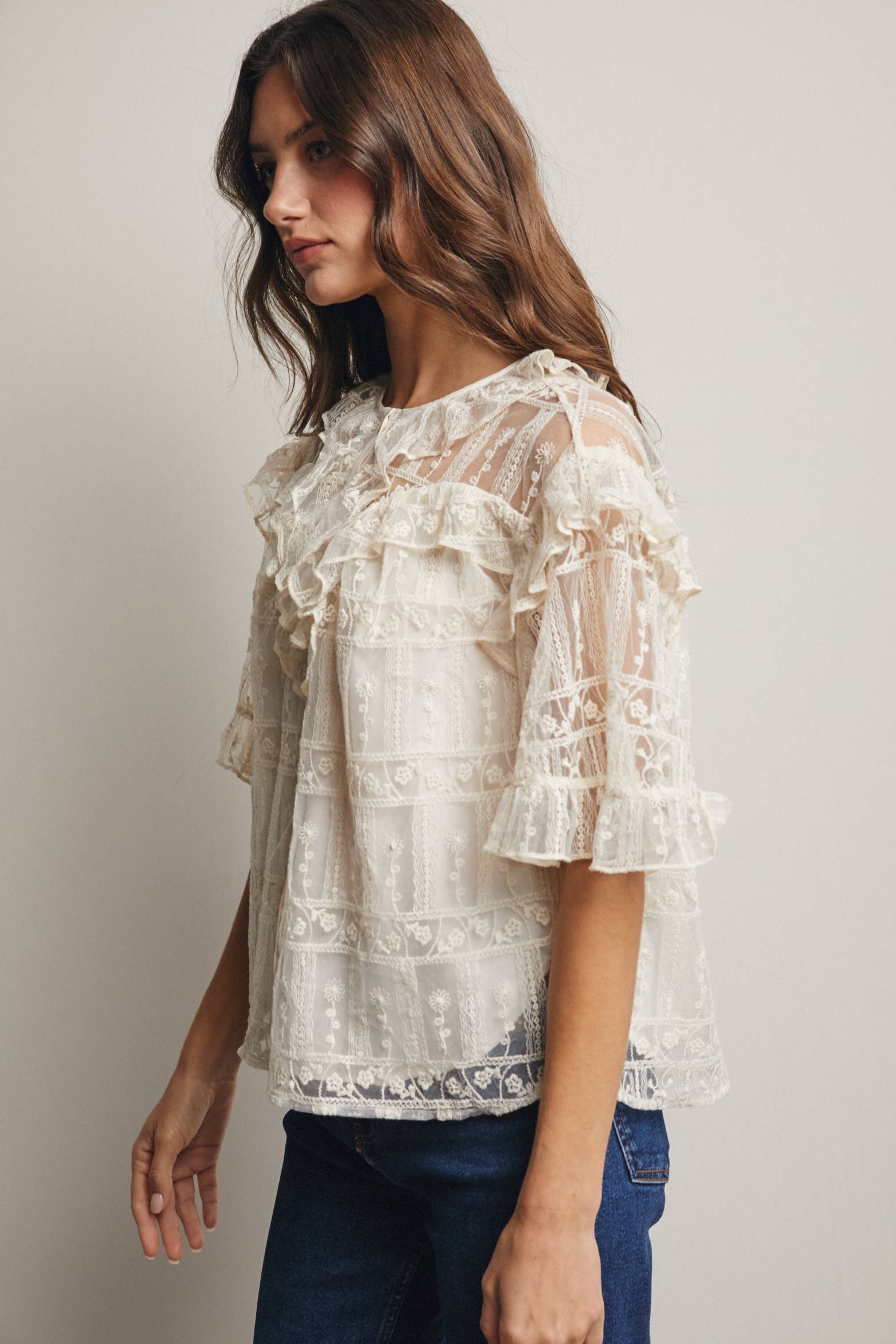 Embroidered Ruffle Lace Blouse - 926 West