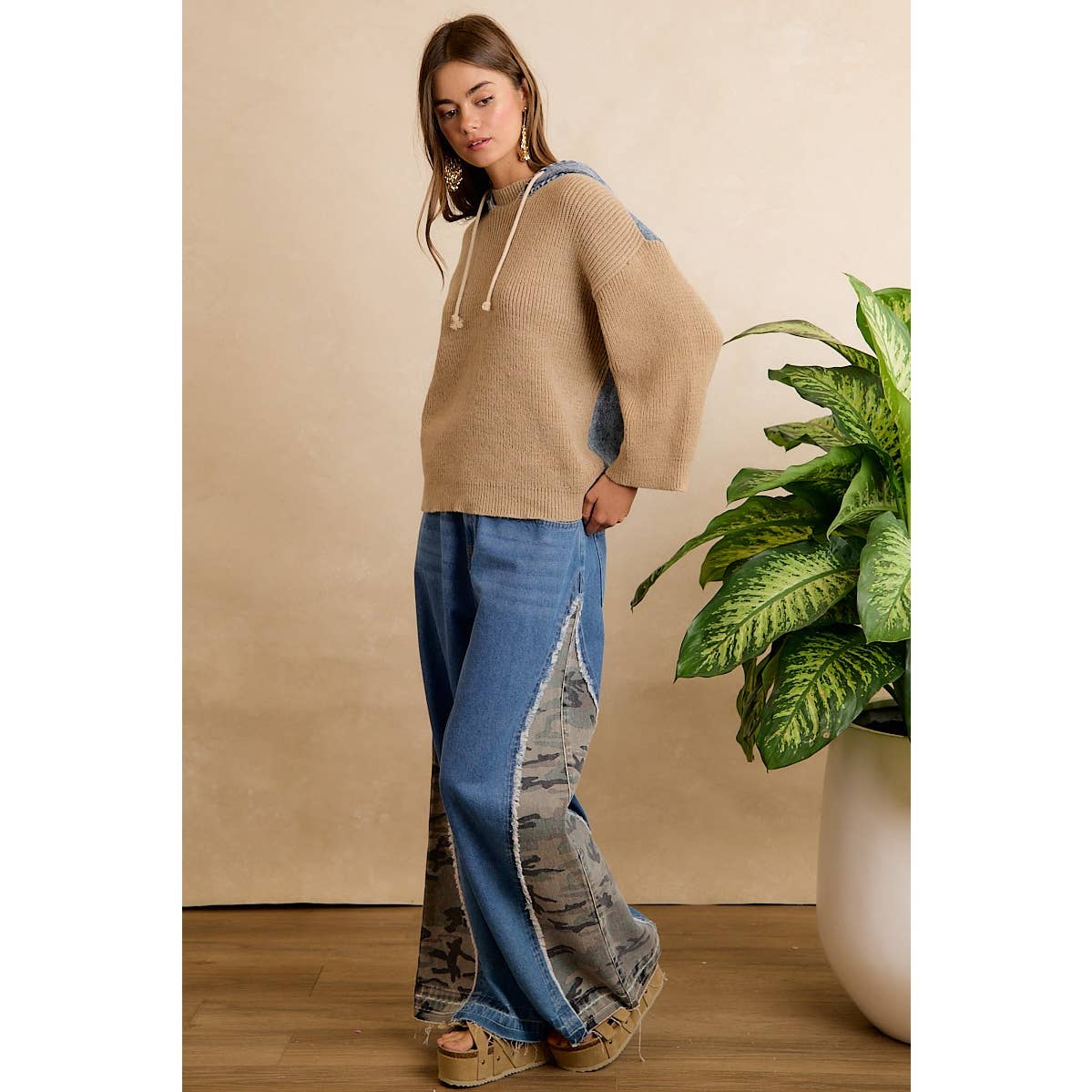 Denim Contrast Hooded Knit Pullover Top
