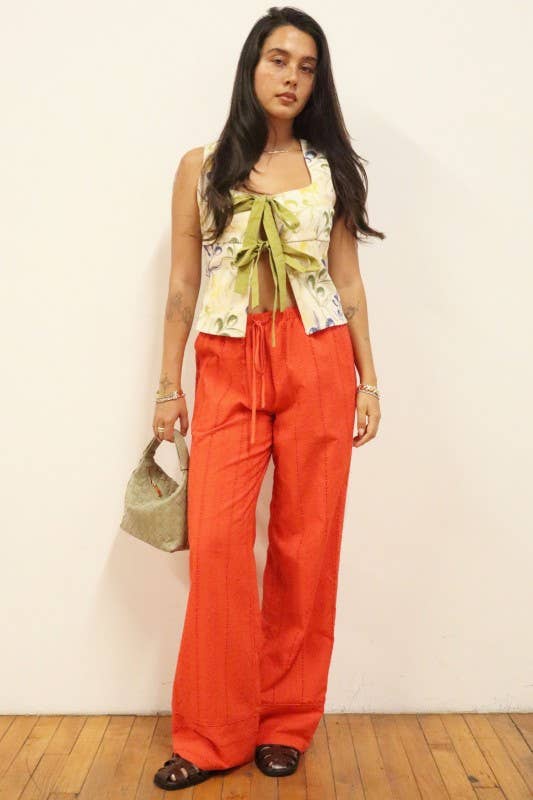 Broderie Drawstring Wide Leg Pants
