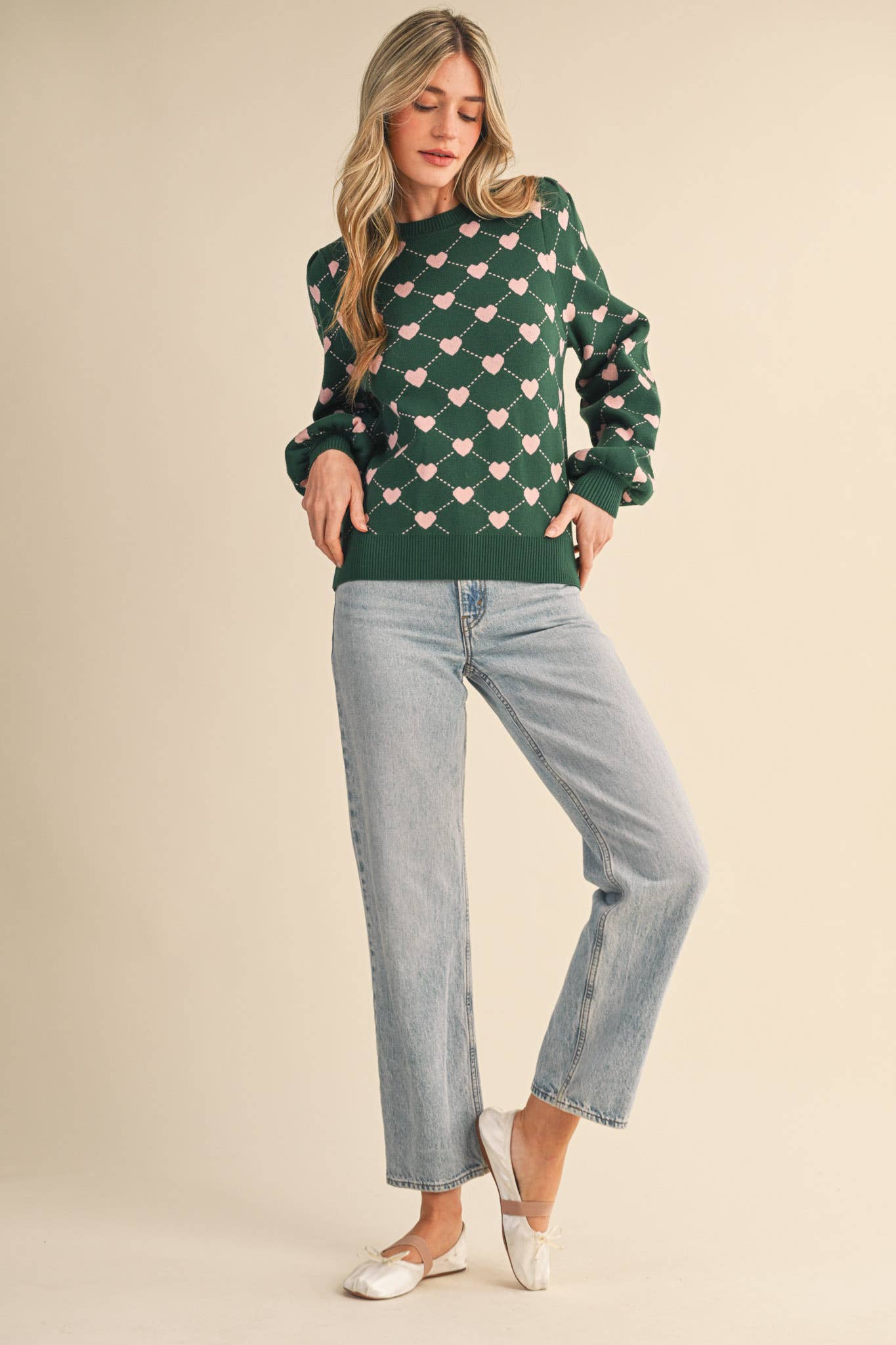 HEART KNIT PUFF SLEEVE SWEATER &MERCI