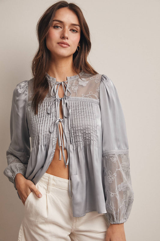 Embroidered Lace Tie-Front Blouse - 926 West