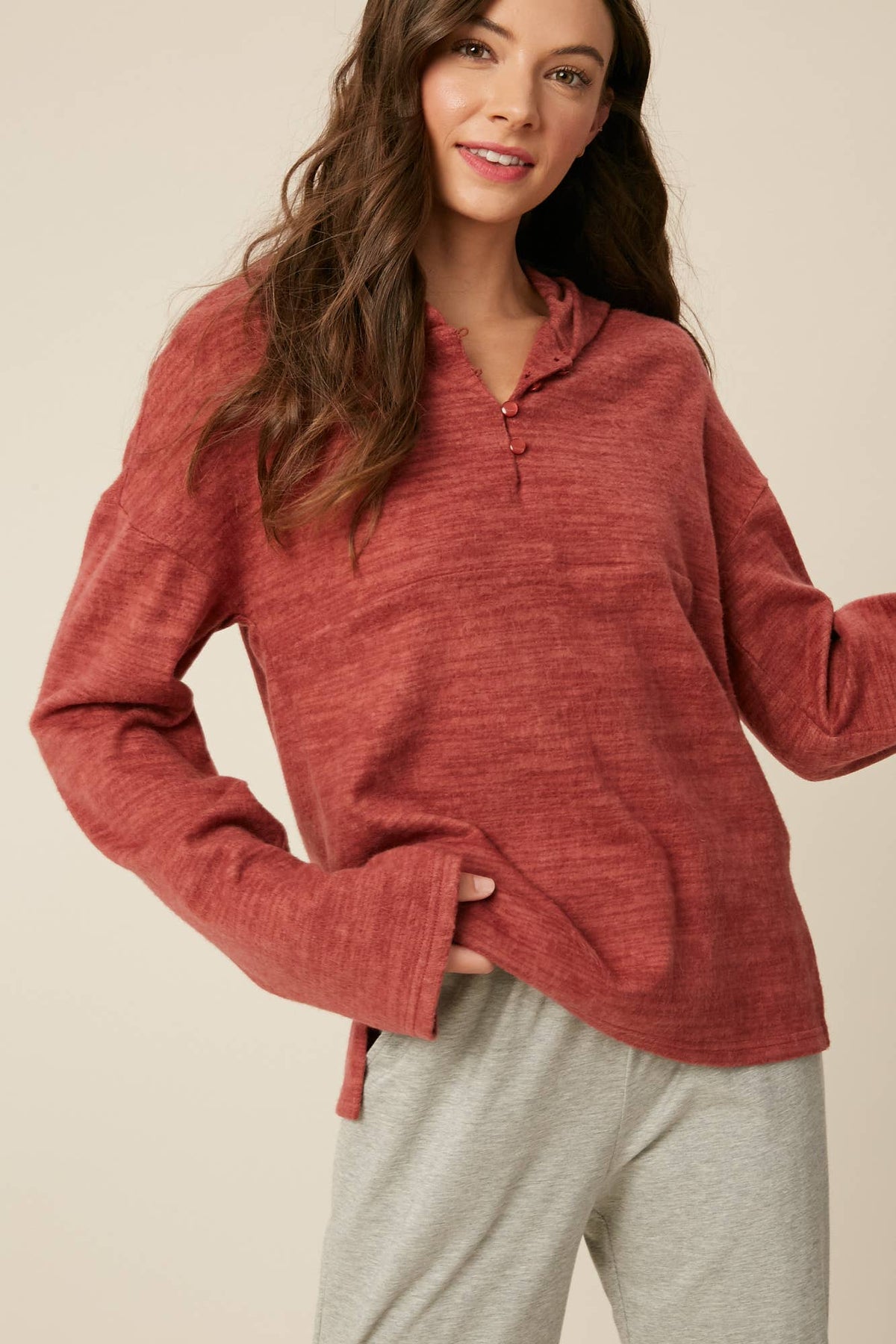 Plum Brushed Knit Henley Hoodie