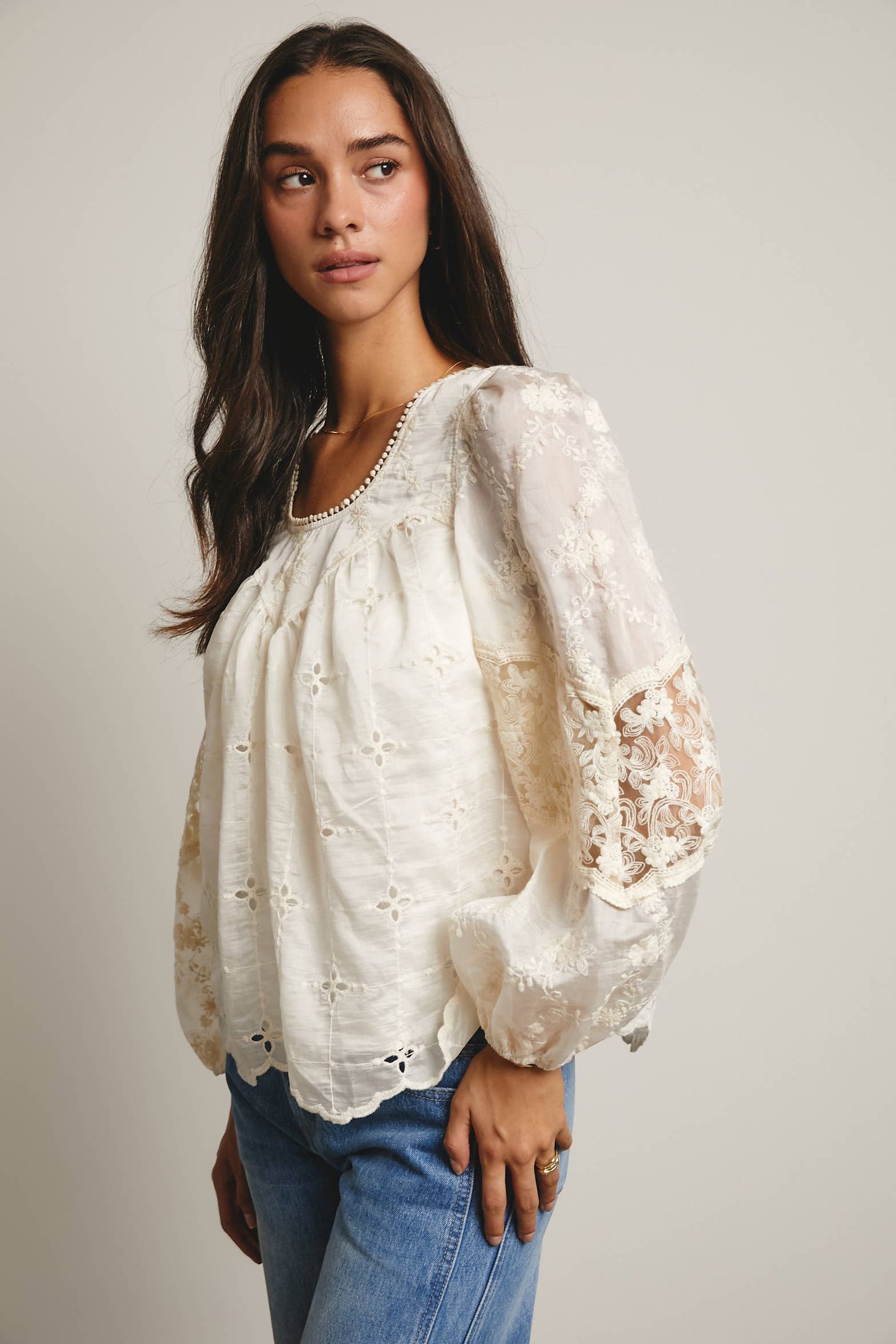 Forte - Embroidered Lace Puff Sleeve Blouse