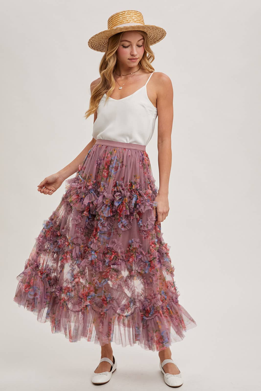 FLORAL RUFFLED MESH MIDI SKIRT Bluivy