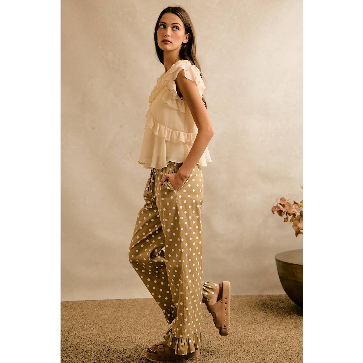 Polka Dot Print Elastic Waist Ruffle Pants