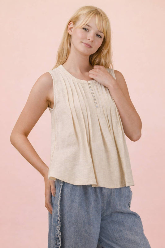 VERY J - Half Button Down Pintuck Sleeveless Woven Top